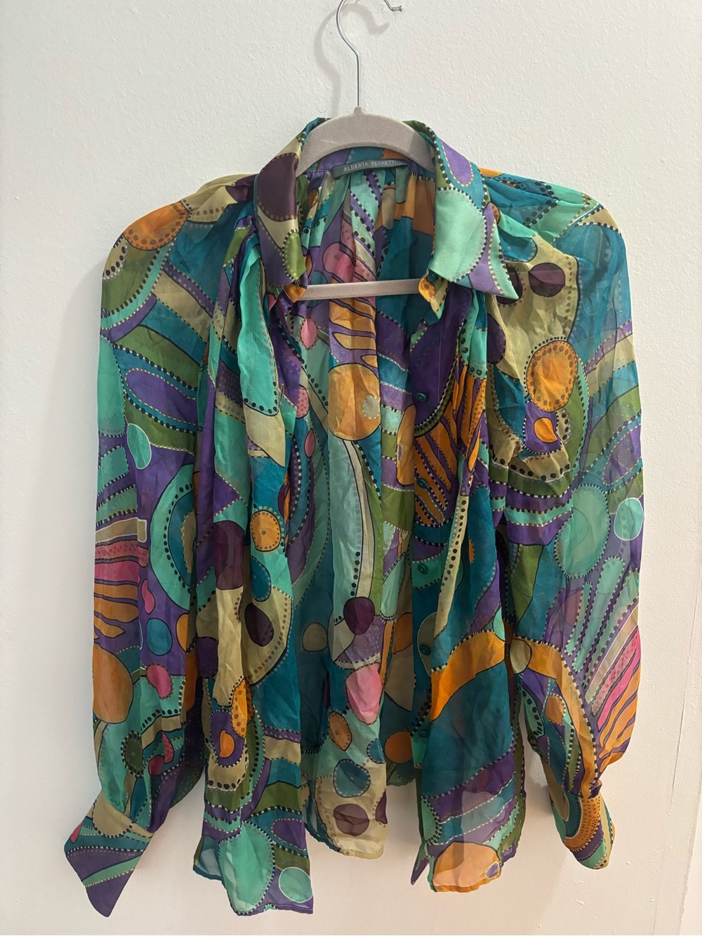 Alberta Ferretti Multicolor Sheer Abstract Button-Up Blouse